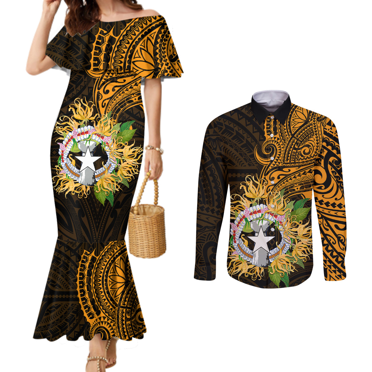 Northern Mariana Islands Ylang-ylang Mwarmwar Couples Matching Mermaid Dress and Long Sleeve Button Shirt Polynesian Gold Style LT9 Gold - Polynesian Pride