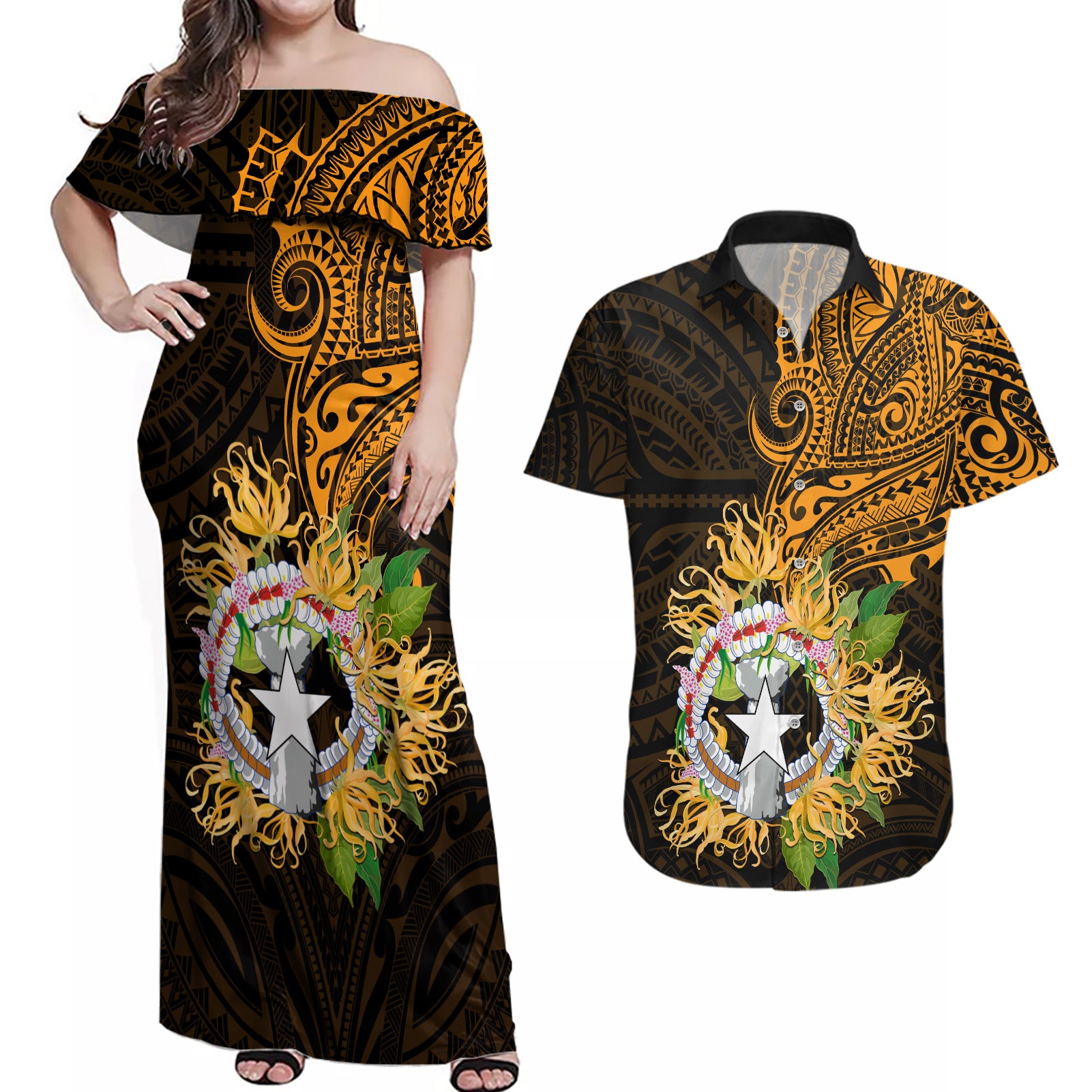 Northern Mariana Islands Ylang-ylang Mwarmwar Couples Matching Off Shoulder Maxi Dress and Hawaiian Shirt Polynesian Gold Style LT9 Gold - Polynesian Pride