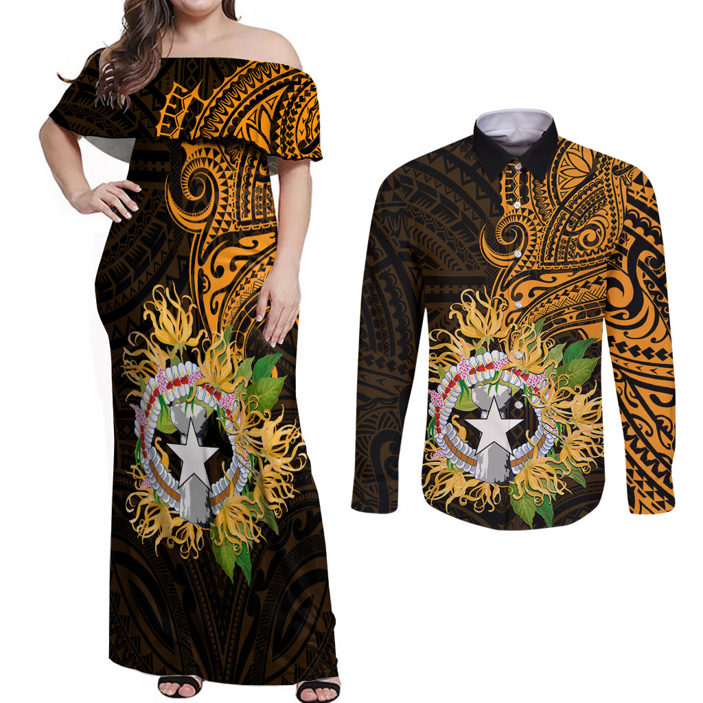 Northern Mariana Islands Ylang-ylang Mwarmwar Couples Matching Off Shoulder Maxi Dress and Long Sleeve Button Shirt Polynesian Gold Style LT9 Gold - Polynesian Pride