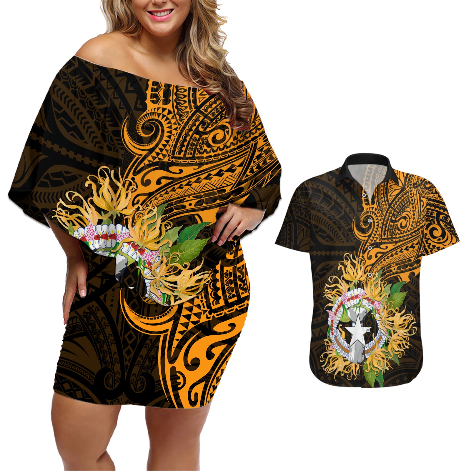 Northern Mariana Islands Ylang-ylang Mwarmwar Couples Matching Off Shoulder Short Dress and Hawaiian Shirt Polynesian Gold Style LT9 Gold - Polynesian Pride