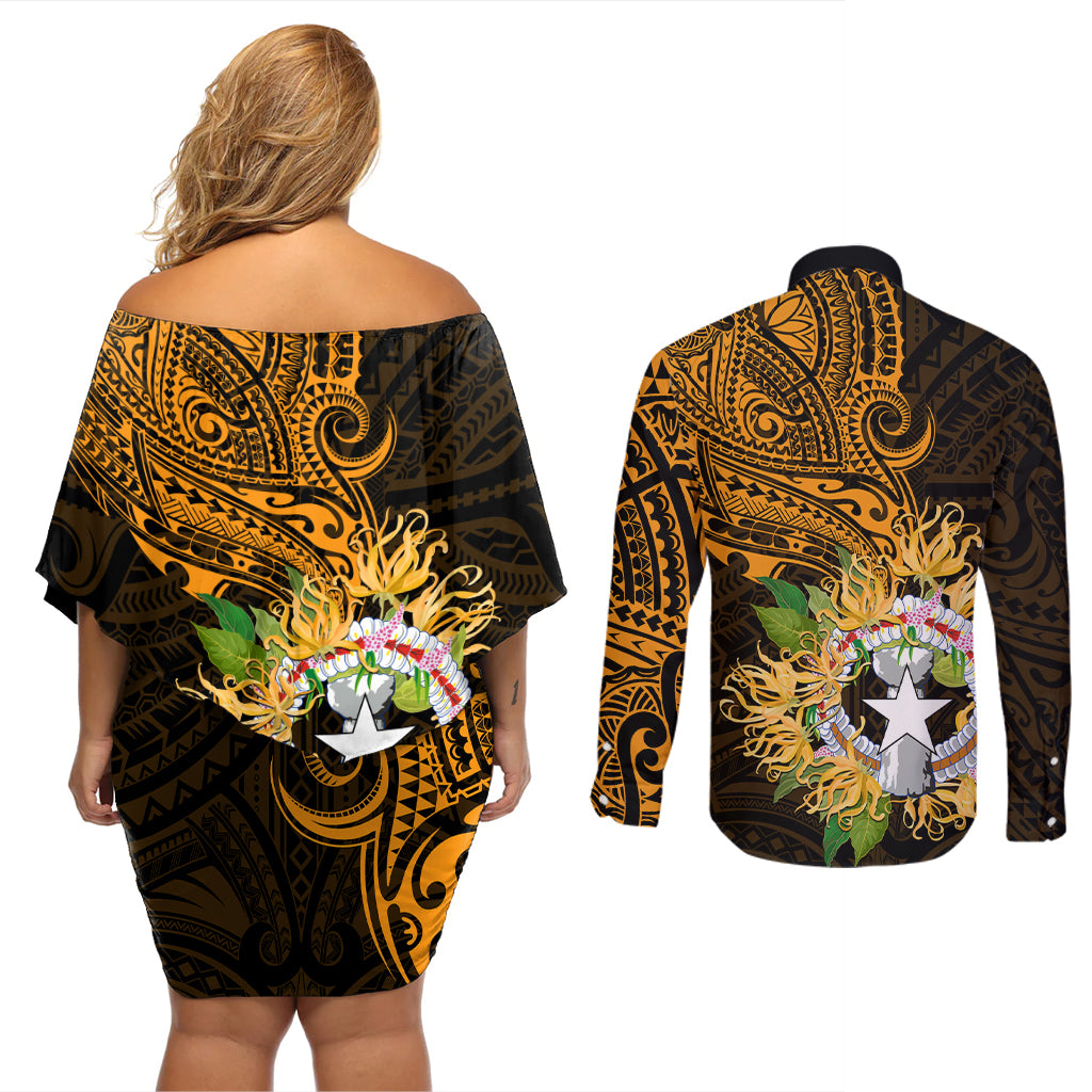 Northern Mariana Islands Ylang-ylang Mwarmwar Couples Matching Off Shoulder Short Dress and Long Sleeve Button Shirt Polynesian Gold Style LT9 - Polynesian Pride