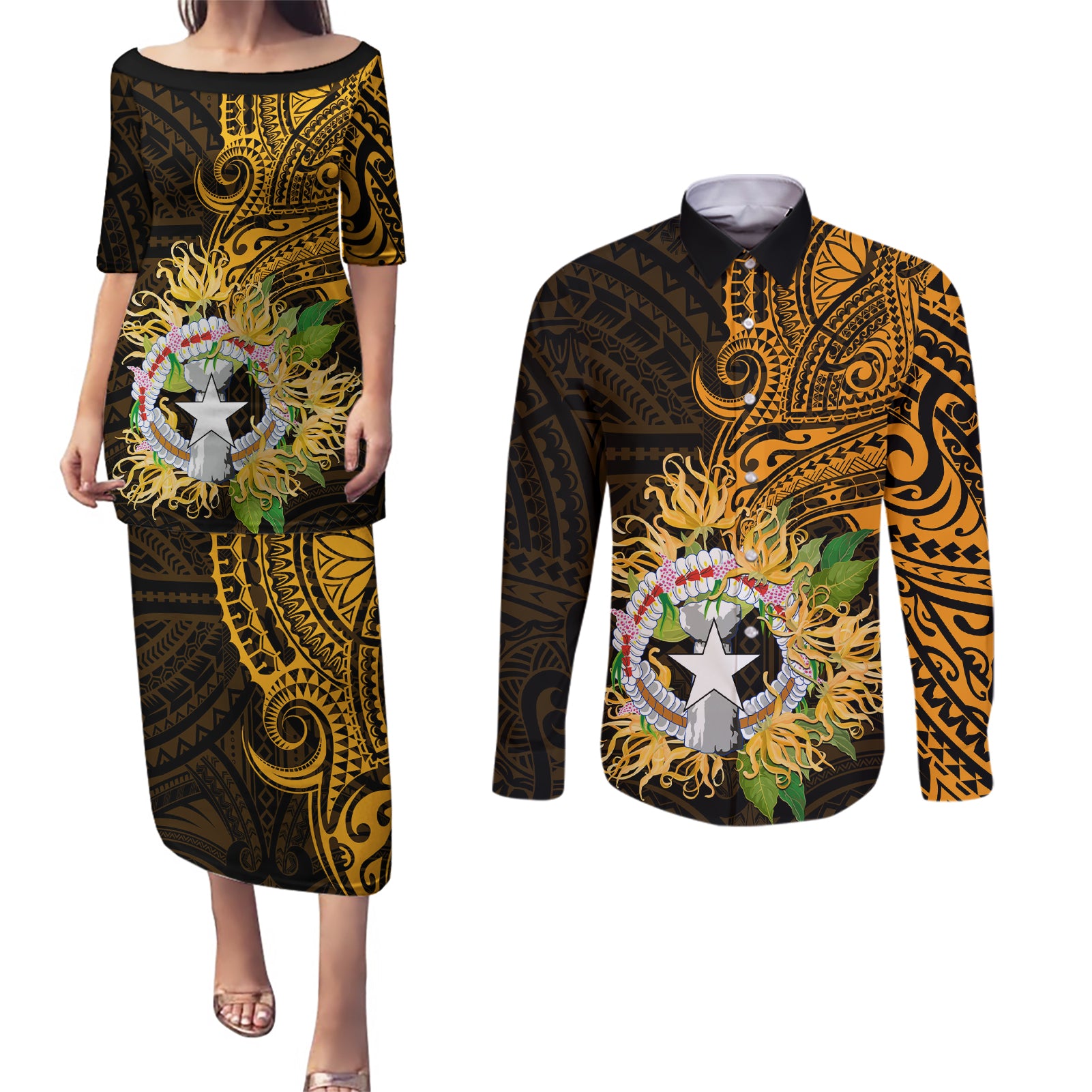 Northern Mariana Islands Ylang-ylang Mwarmwar Couples Matching Puletasi and Long Sleeve Button Shirt Polynesian Gold Style LT9 Gold - Polynesian Pride