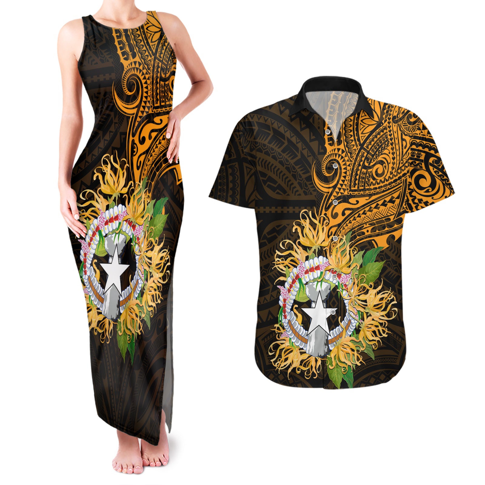 Northern Mariana Islands Ylang-ylang Mwarmwar Couples Matching Tank Maxi Dress and Hawaiian Shirt Polynesian Gold Style LT9 Gold - Polynesian Pride