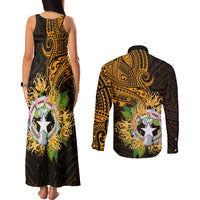 Northern Mariana Islands Ylang-ylang Mwarmwar Couples Matching Tank Maxi Dress and Long Sleeve Button Shirt Polynesian Gold Style LT9 - Polynesian Pride