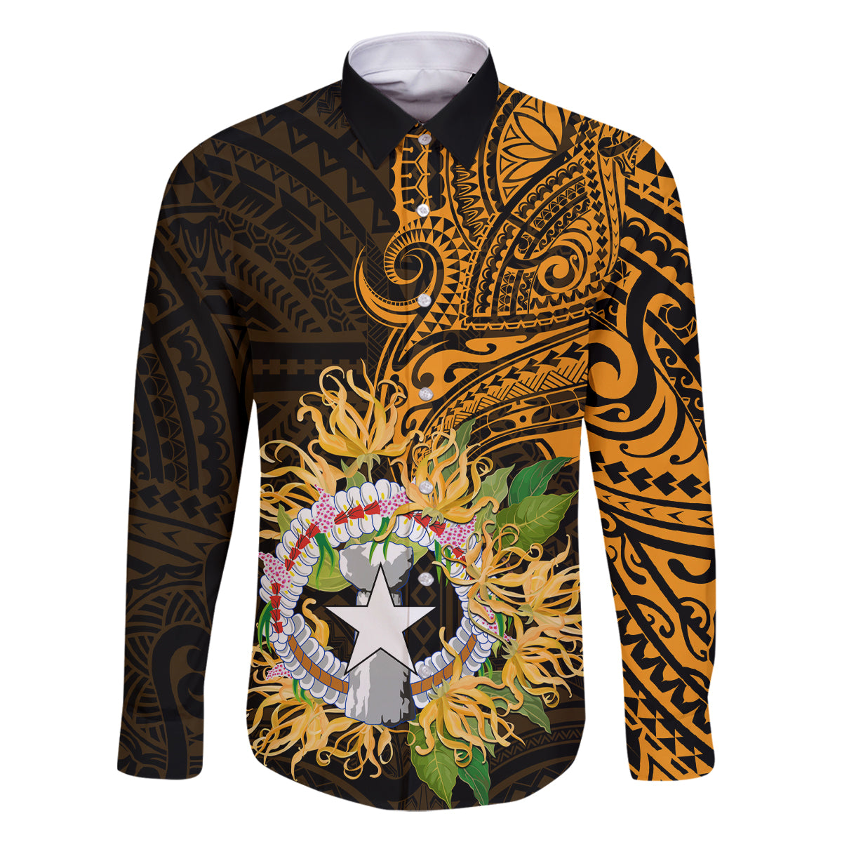 Northern Mariana Islands Ylang-ylang Mwarmwar Family Matching Long Sleeve Bodycon Dress and Hawaiian Shirt Polynesian Gold Style LT9 Dad's Shirt - Long Sleeve Gold - Polynesian Pride