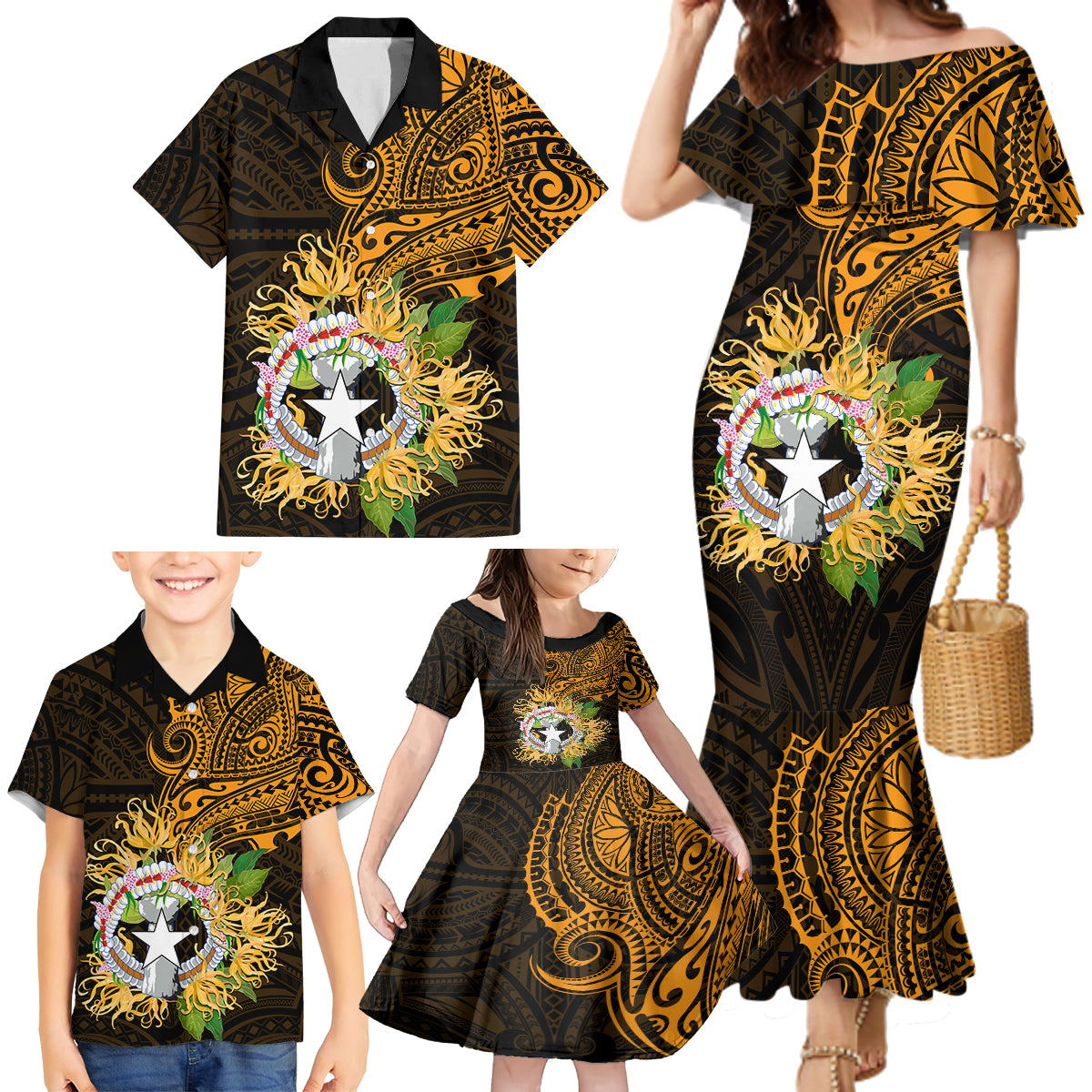 Northern Mariana Islands Ylang-ylang Mwarmwar Family Matching Mermaid Dress and Hawaiian Shirt Polynesian Gold Style LT9 - Polynesian Pride