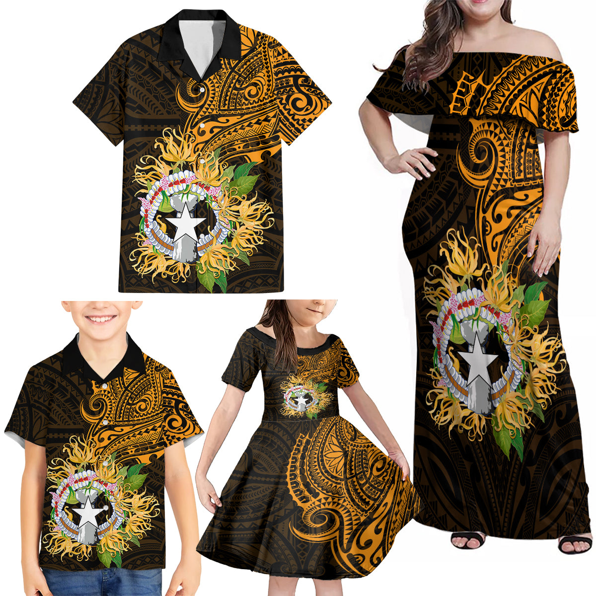 Northern Mariana Islands Ylang-ylang Mwarmwar Family Matching Off Shoulder Maxi Dress and Hawaiian Shirt Polynesian Gold Style LT9 - Polynesian Pride