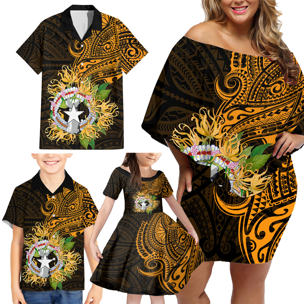 Northern Mariana Islands Ylang-ylang Mwarmwar Family Matching Off Shoulder Short Dress and Hawaiian Shirt Polynesian Gold Style LT9 - Polynesian Pride