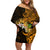 Northern Mariana Islands Ylang-ylang Mwarmwar Family Matching Off Shoulder Short Dress and Hawaiian Shirt Polynesian Gold Style LT9 Mom's Dress Gold - Polynesian Pride