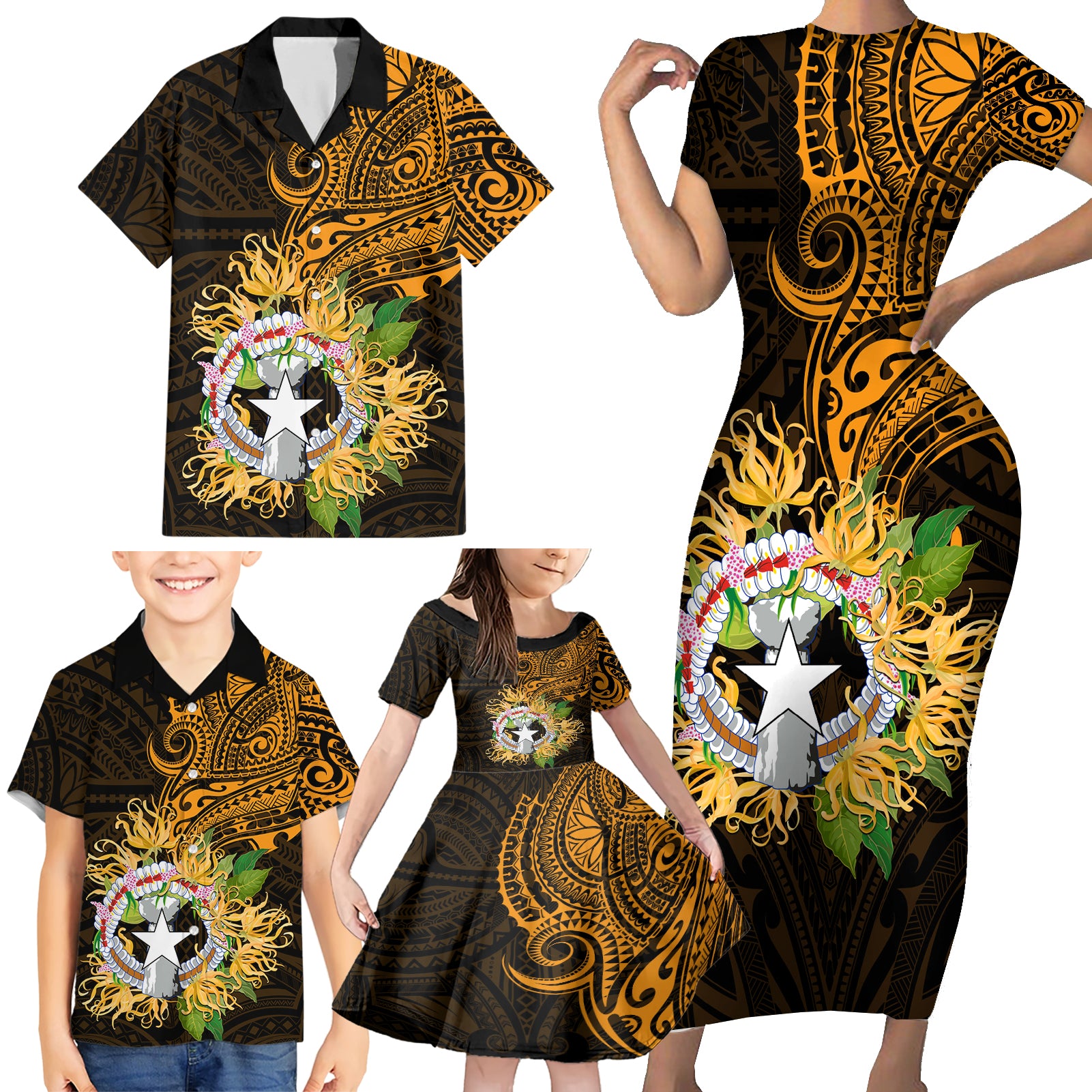 Northern Mariana Islands Ylang-ylang Mwarmwar Family Matching Short Sleeve Bodycon Dress and Hawaiian Shirt Polynesian Gold Style LT9 - Polynesian Pride