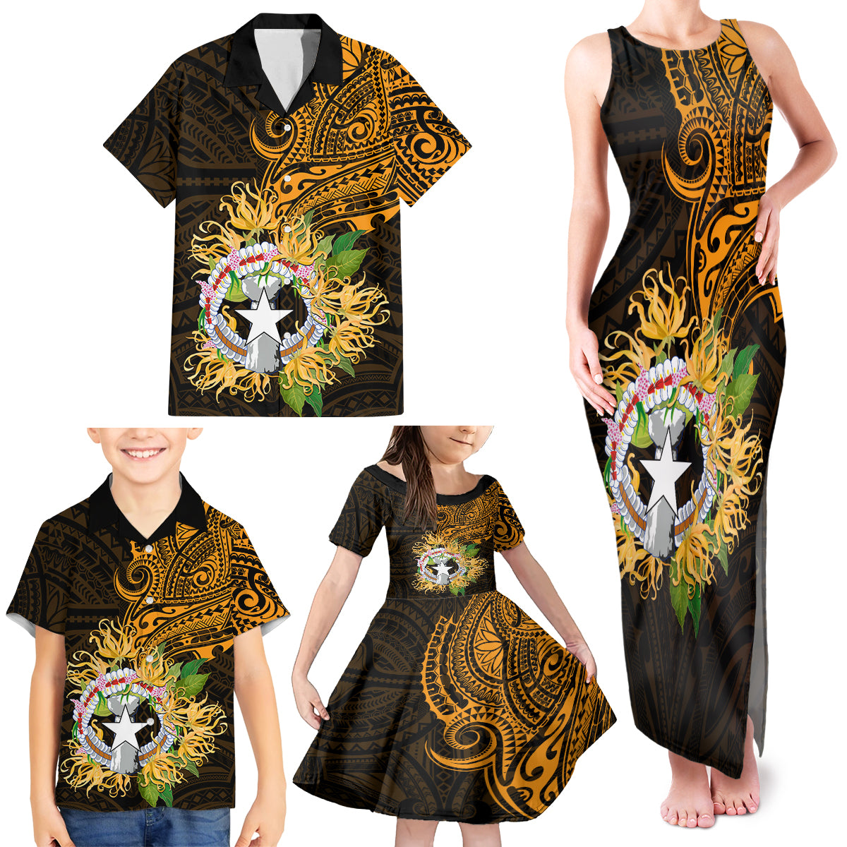 Northern Mariana Islands Ylang-ylang Mwarmwar Family Matching Tank Maxi Dress and Hawaiian Shirt Polynesian Gold Style LT9 - Polynesian Pride