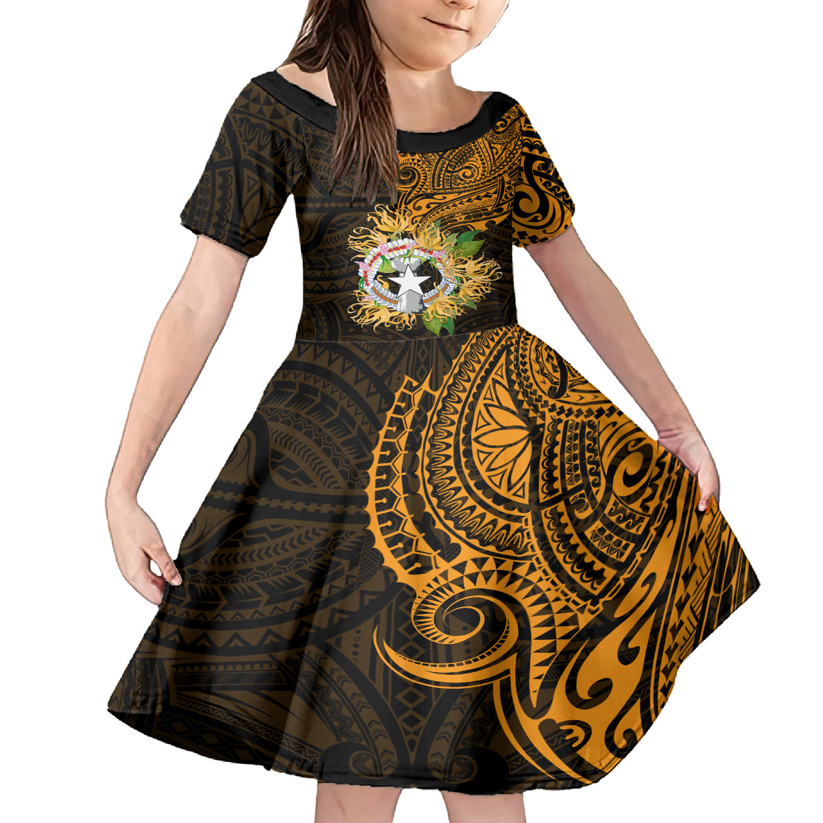 Northern Mariana Islands Ylang-ylang Mwarmwar Kid Short Sleeve Dress Polynesian Gold Style LT9 KID Gold - Polynesian Pride