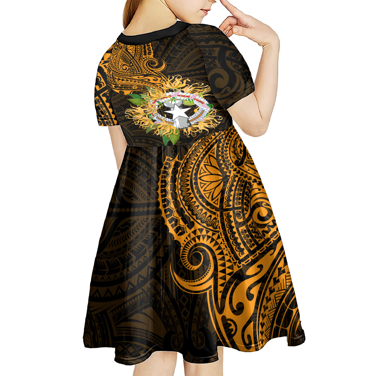 Northern Mariana Islands Ylang-ylang Mwarmwar Kid Short Sleeve Dress Polynesian Gold Style LT9 - Polynesian Pride