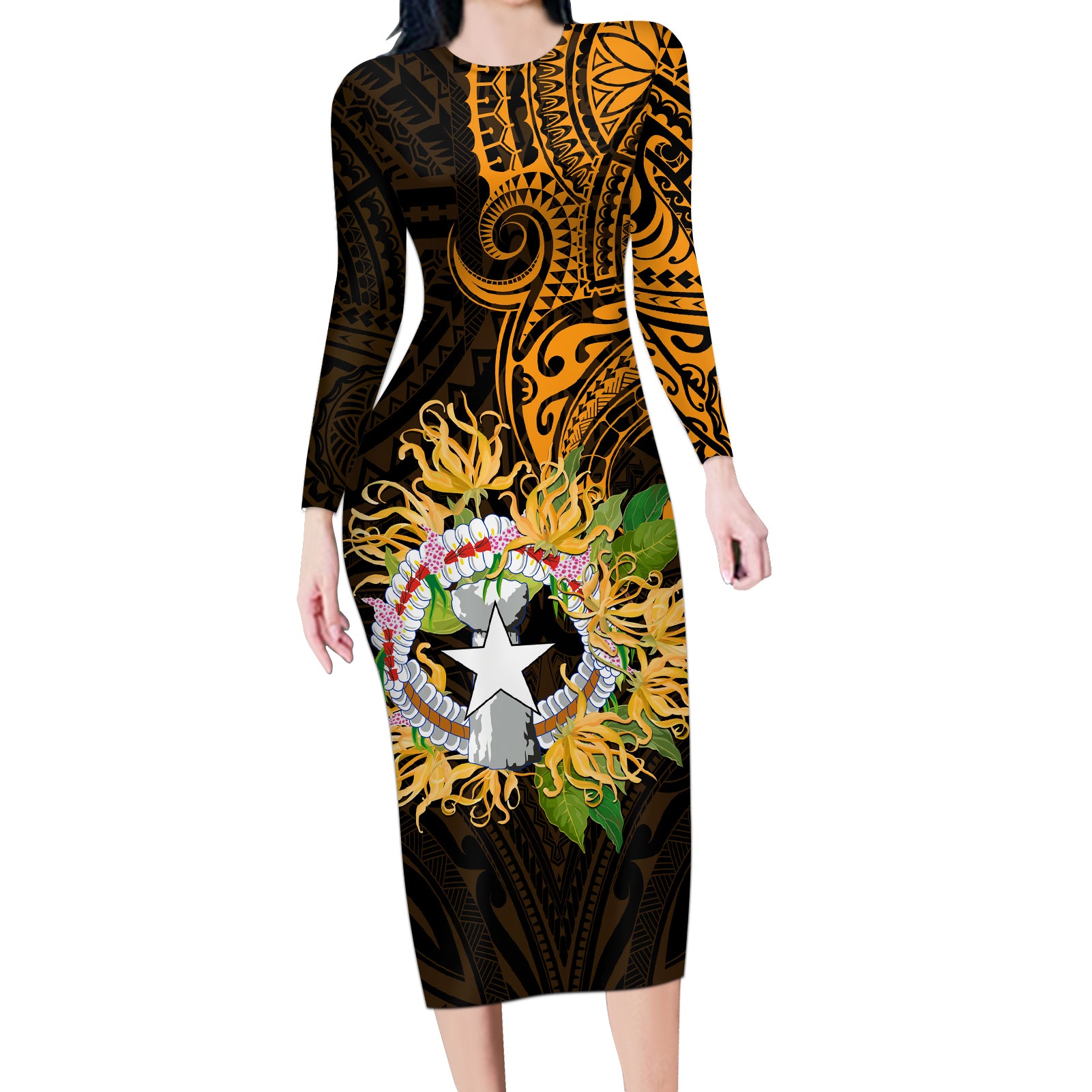 Northern Mariana Islands Ylang-ylang Mwarmwar Long Sleeve Bodycon Dress Polynesian Gold Style LT9 Long Dress Gold - Polynesian Pride