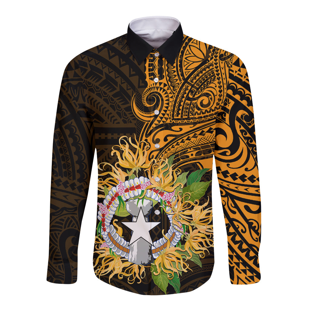 Northern Mariana Islands Ylang-ylang Mwarmwar Long Sleeve Button Shirt Polynesian Gold Style LT9 Unisex Gold - Polynesian Pride