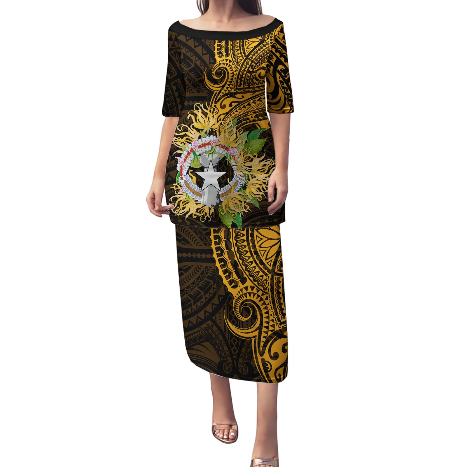 Northern Mariana Islands Ylang-ylang Mwarmwar Puletasi Polynesian Gold Style LT9 Long Dress Gold - Polynesian Pride