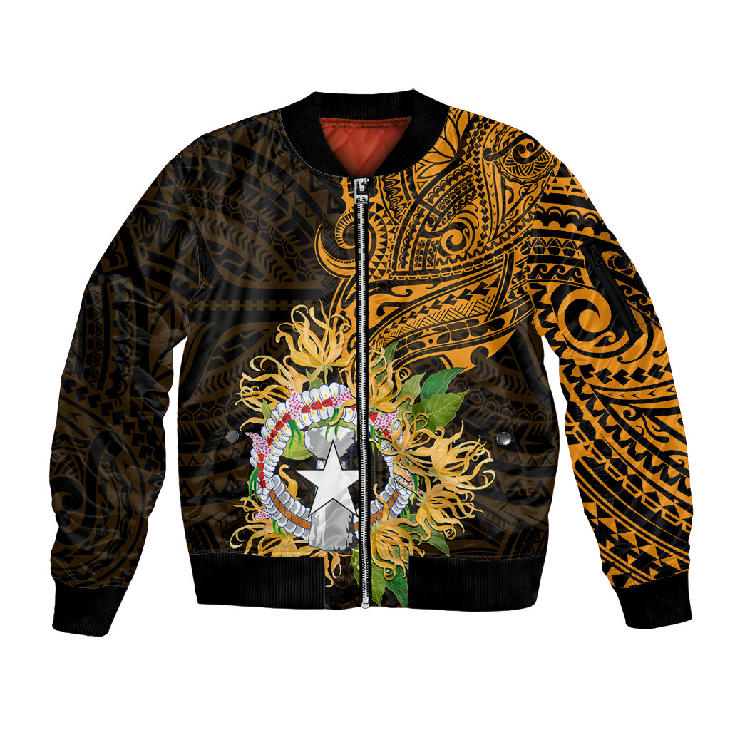 Northern Mariana Islands Ylang-ylang Mwarmwar Sleeve Zip Bomber Jacket Polynesian Gold Style LT9 Unisex Gold - Polynesian Pride