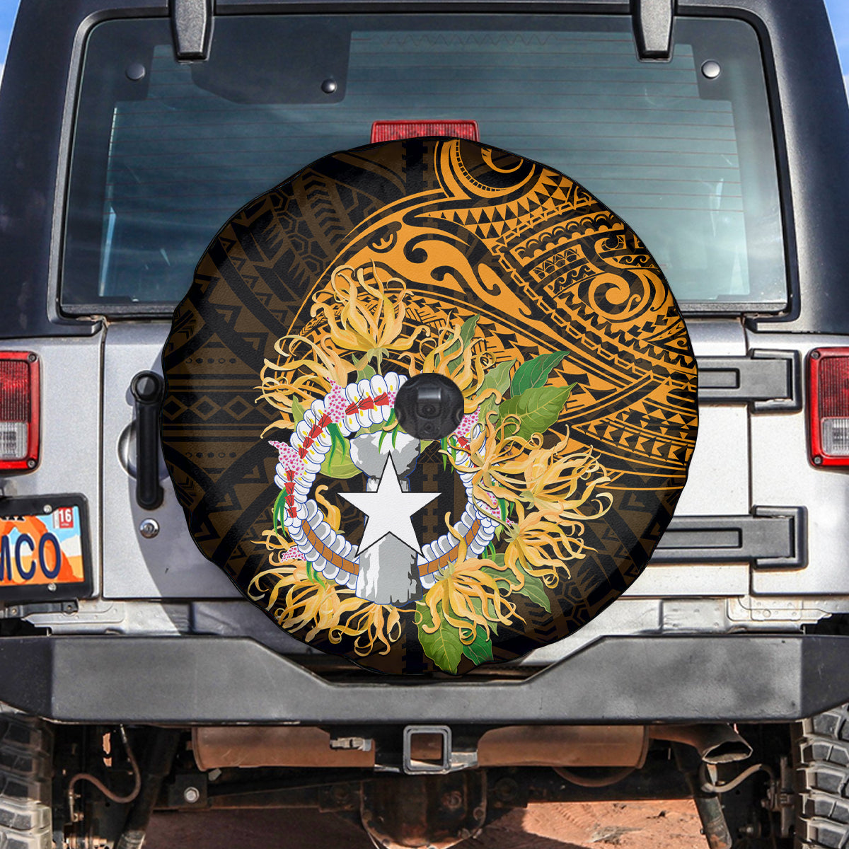 Northern Mariana Islands Ylang-ylang Mwarmwar Spare Tire Cover Polynesian Gold Style