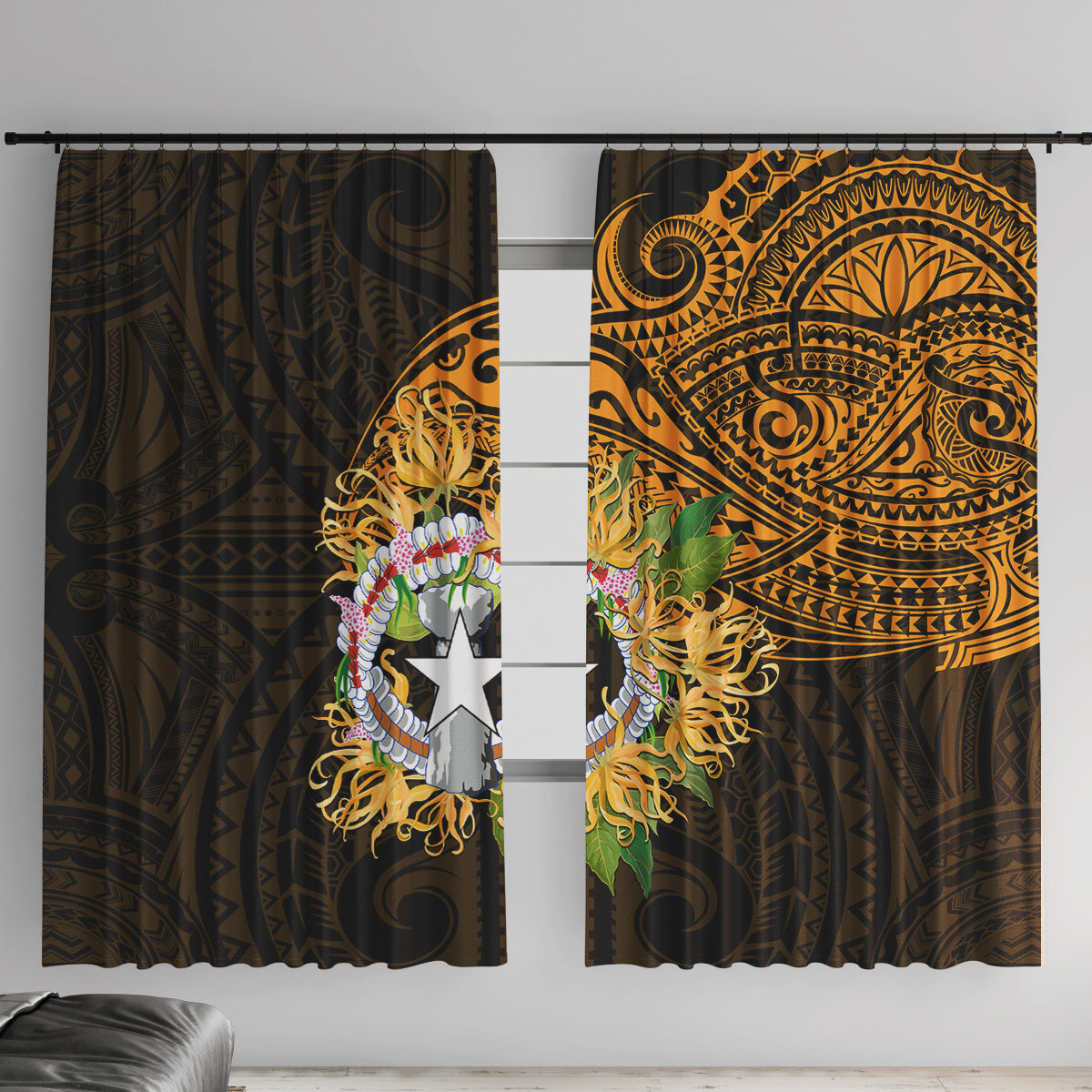Northern Mariana Islands Ylang-ylang Mwarmwar Window Curtain Polynesian Gold Style