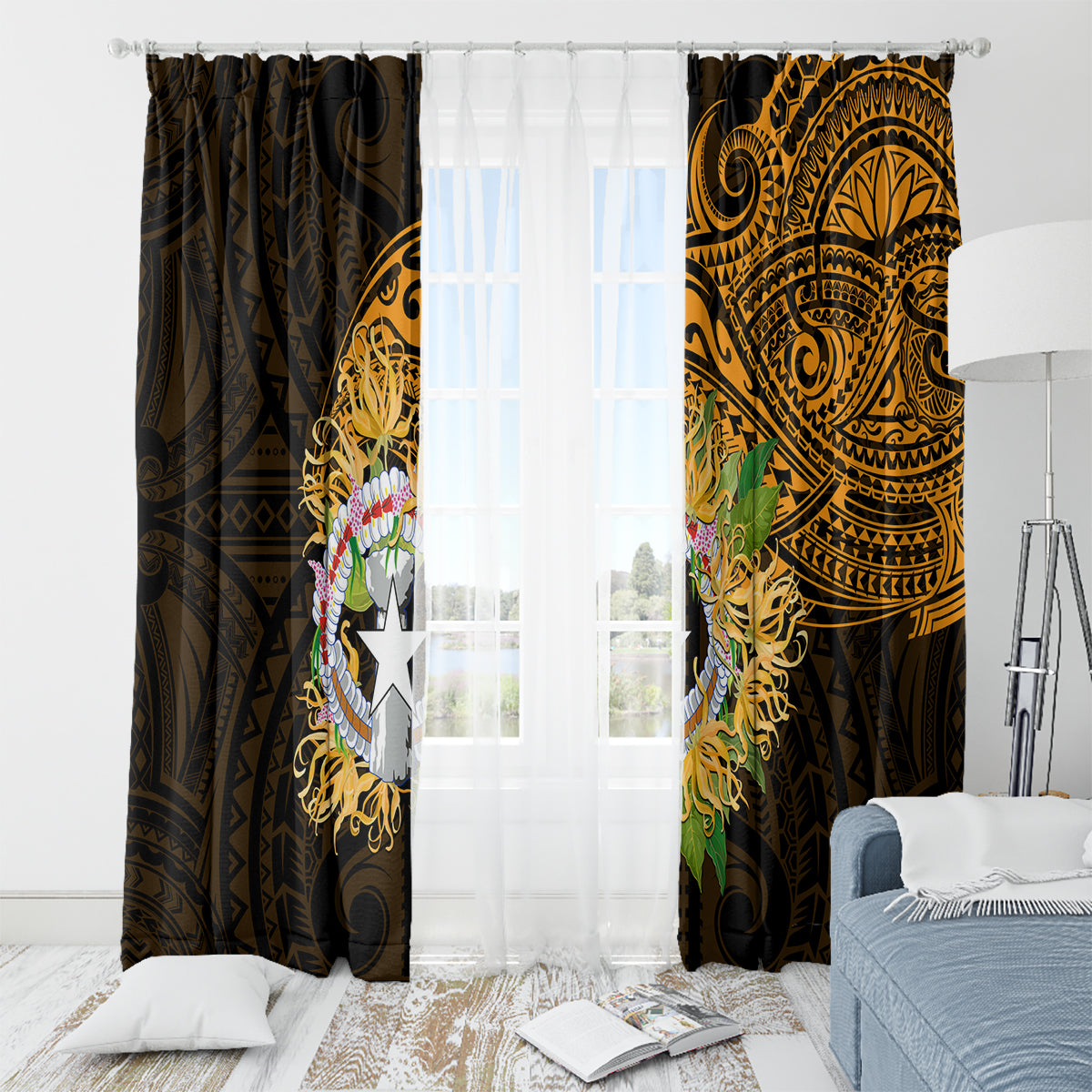 Northern Mariana Islands Ylang-ylang Mwarmwar Window Curtain Polynesian Gold Style