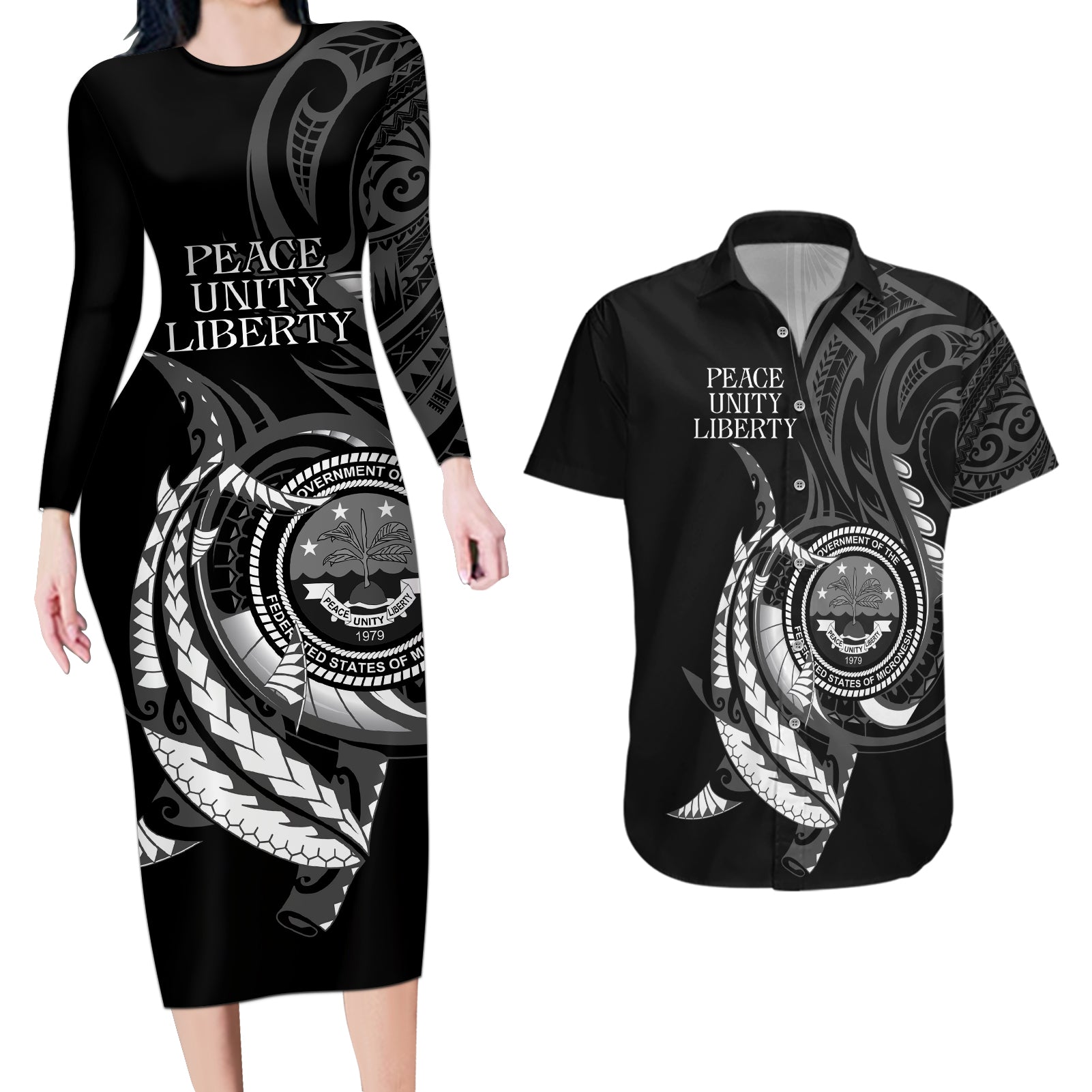 Personalised FSM Culture Day Couples Matching Long Sleeve Bodycon Dress and Hawaiian Shirt Hammerhead Shark Tribal 2024 LT9 Black - Polynesian Pride