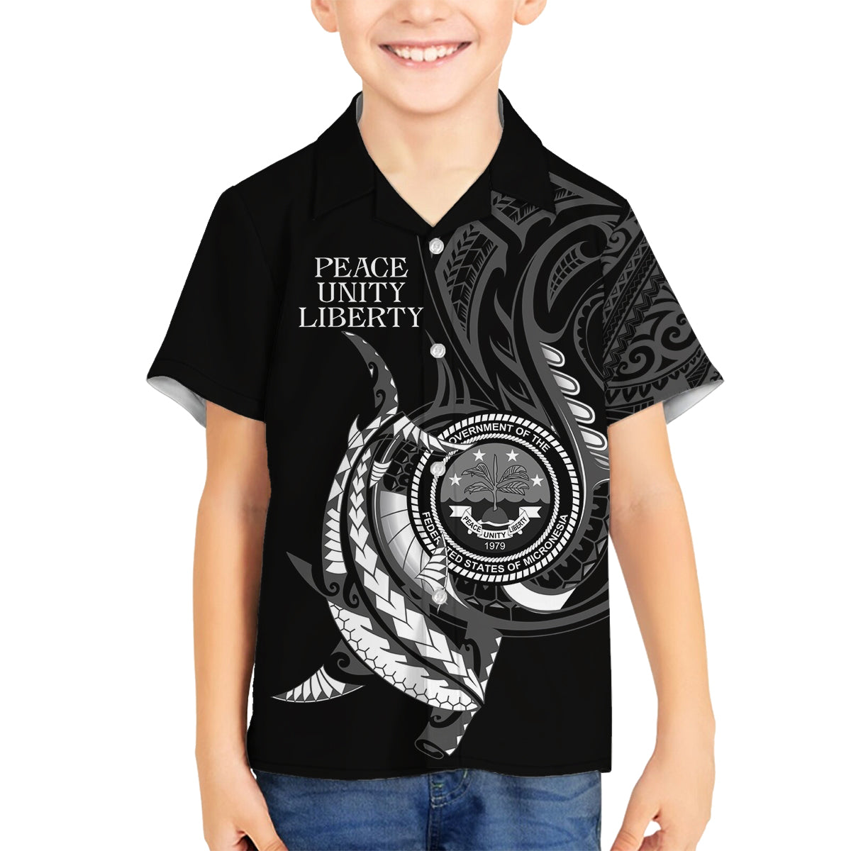Personalised FSM Culture Day Family Matching Off Shoulder Long Sleeve Dress and Hawaiian Shirt Hammerhead Shark Tribal 2024 LT9 Son's Shirt Black - Polynesian Pride