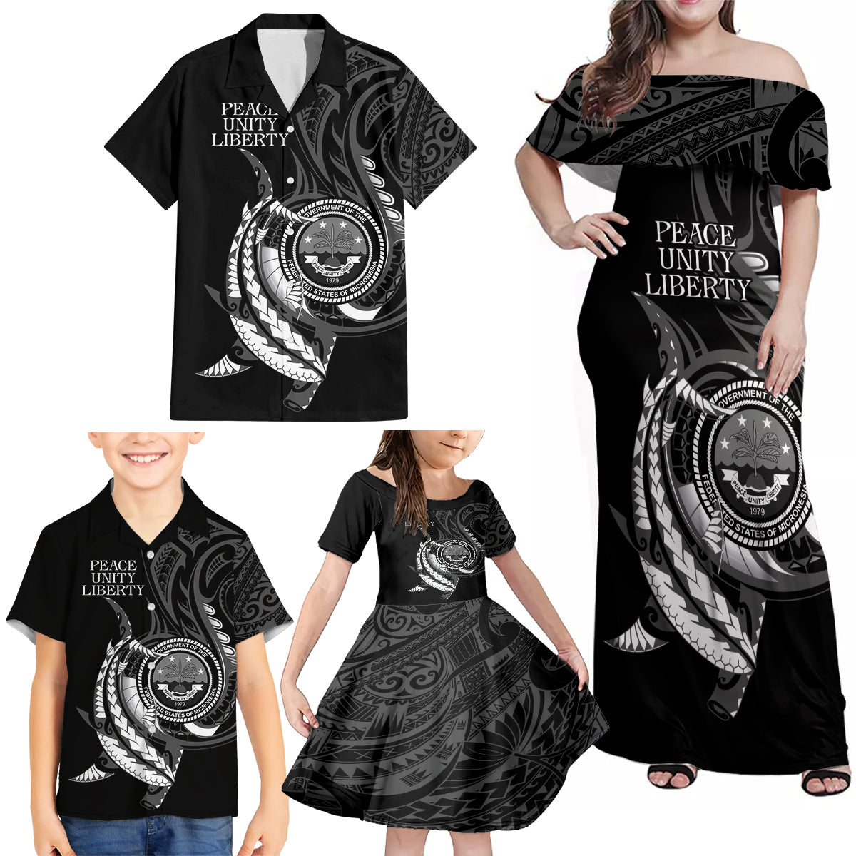 Personalised FSM Culture Day Family Matching Off Shoulder Maxi Dress and Hawaiian Shirt Hammerhead Shark Tribal 2024 LT9 - Polynesian Pride