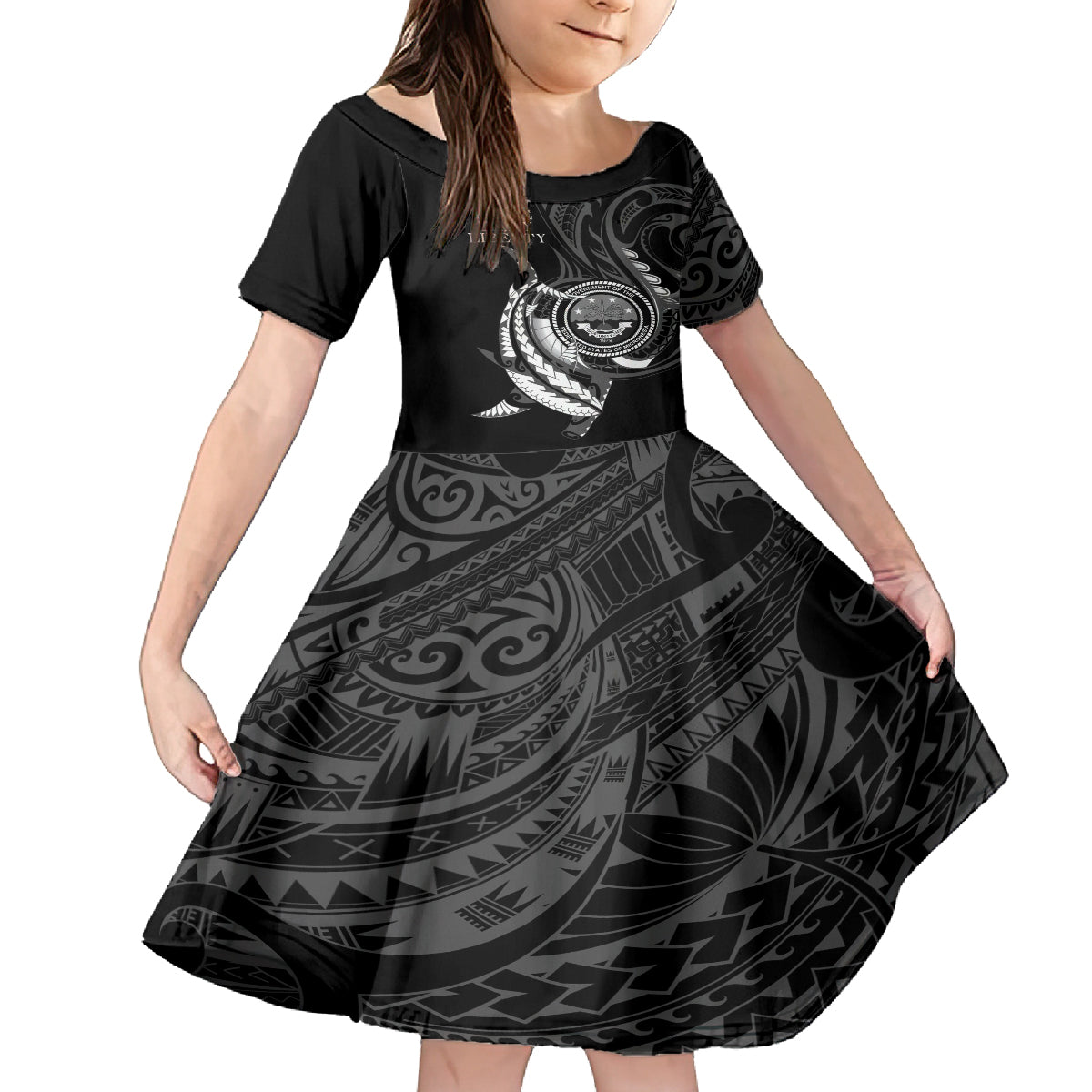 Personalised FSM Culture Day Family Matching Off Shoulder Short Dress and Hawaiian Shirt Hammerhead Shark Tribal 2024 LT9 Daughter's Dress Black - Polynesian Pride