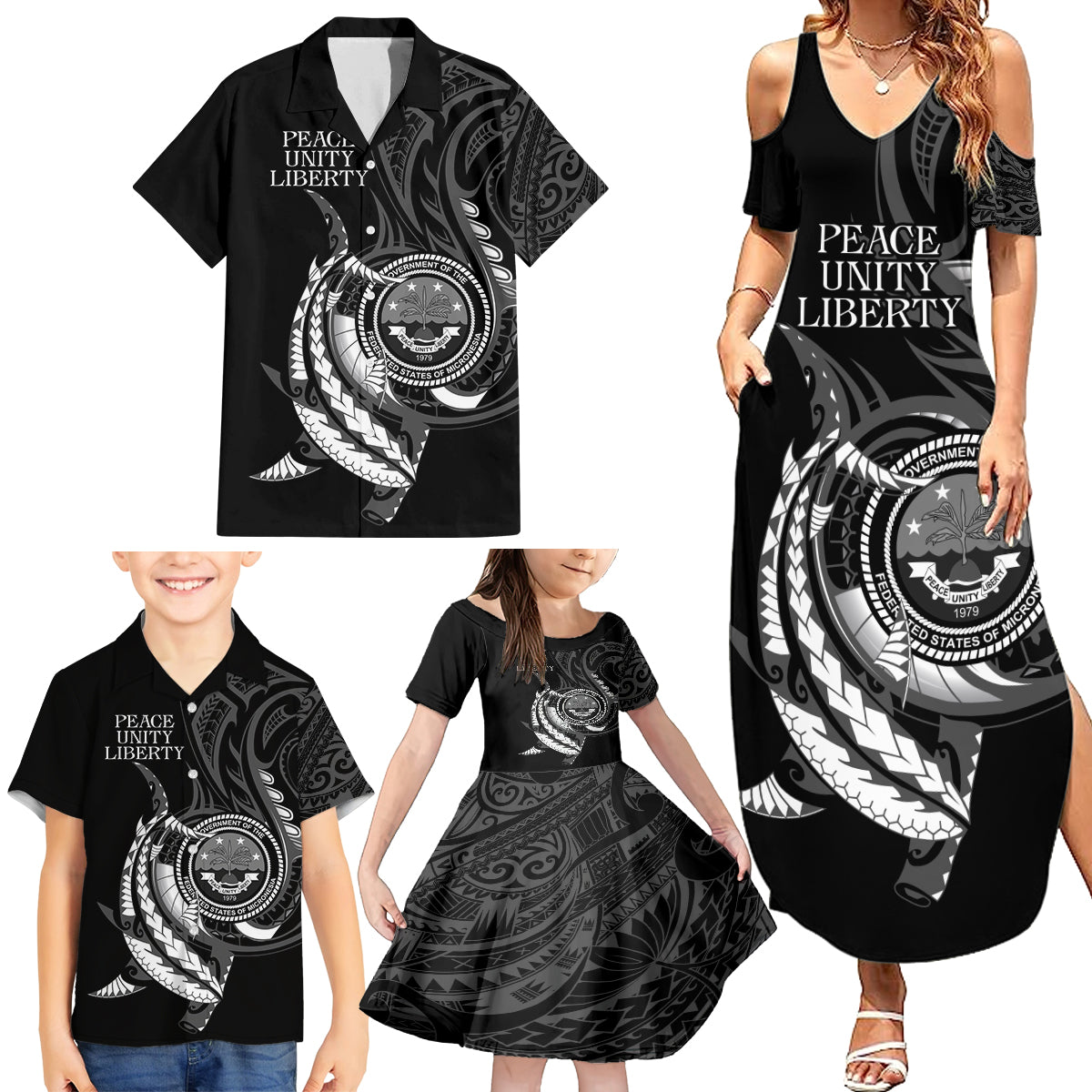 Personalised FSM Culture Day Family Matching Summer Maxi Dress and Hawaiian Shirt Hammerhead Shark Tribal 2024 LT9 - Polynesian Pride