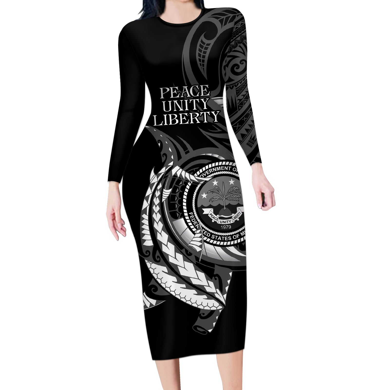 Personalised FSM Culture Day Long Sleeve Bodycon Dress Hammerhead Shark Tribal 2024 LT9 Long Dress Black - Polynesian Pride