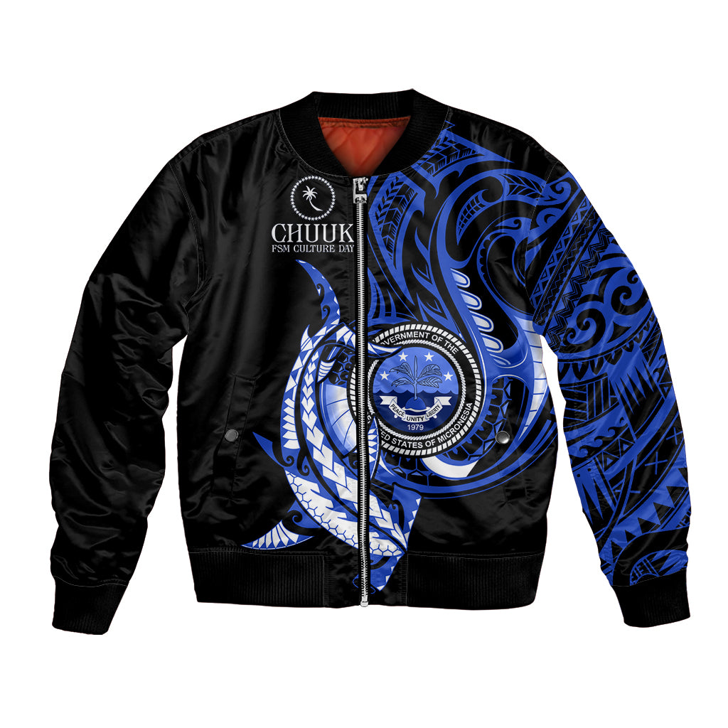 Personalised Chuuk FSM Culture Day Bomber Jacket Hammerhead Shark Tattoo 2024 LT9 Unisex Blue - Polynesian Pride