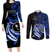 Personalised Chuuk FSM Culture Day Couples Matching Long Sleeve Bodycon Dress and Long Sleeve Button Shirt Hammerhead Shark Tattoo 2024 LT9 Blue - Polynesian Pride