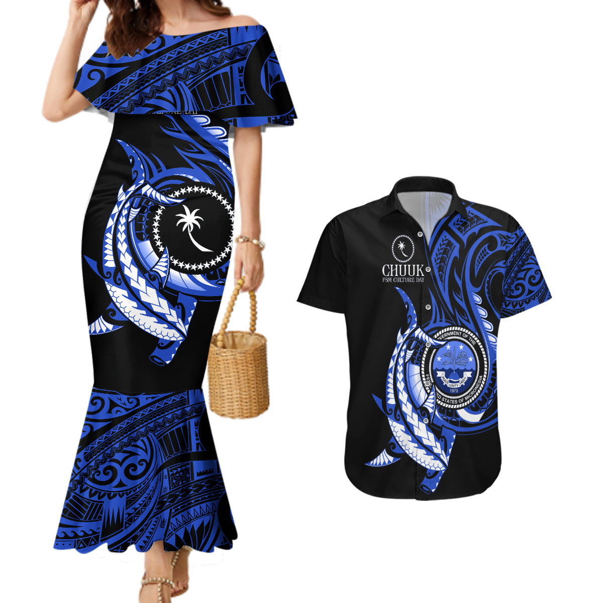 Personalised Chuuk FSM Culture Day Couples Matching Mermaid Dress and Hawaiian Shirt Hammerhead Shark Tattoo 2024 LT9 Blue - Polynesian Pride