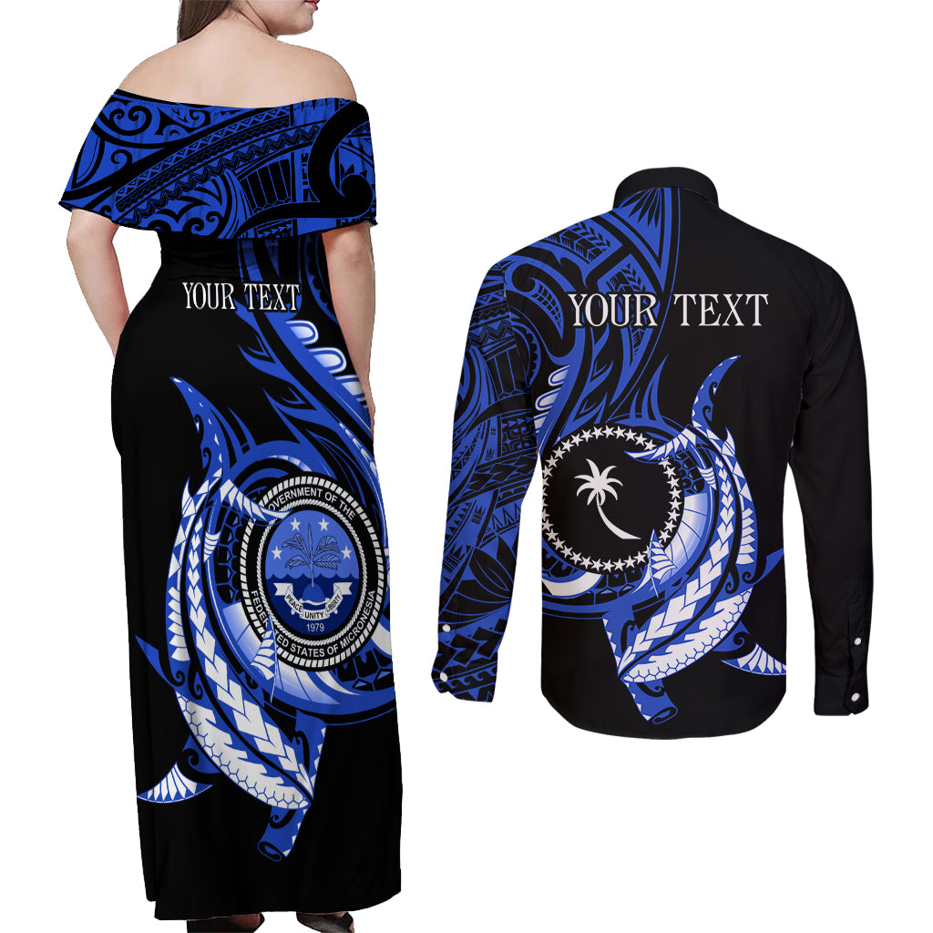 Personalised Chuuk FSM Culture Day Couples Matching Off Shoulder Maxi Dress and Long Sleeve Button Shirt Hammerhead Shark Tattoo 2024 LT9 - Polynesian Pride