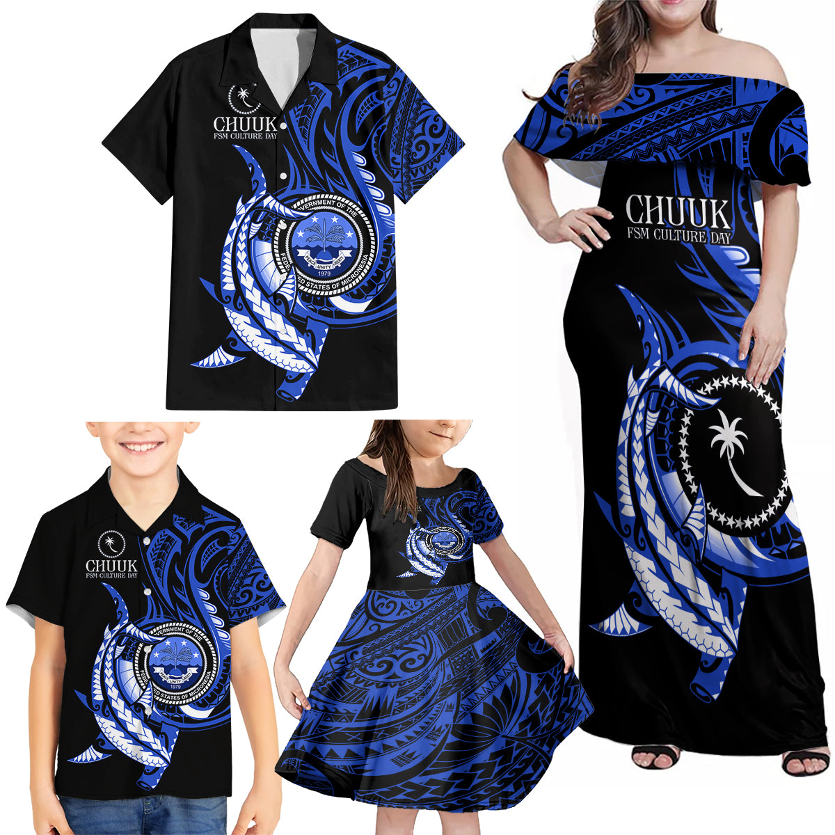 Personalised Chuuk FSM Culture Day Family Matching Off Shoulder Maxi Dress and Hawaiian Shirt Hammerhead Shark Tattoo 2024 LT9 - Polynesian Pride