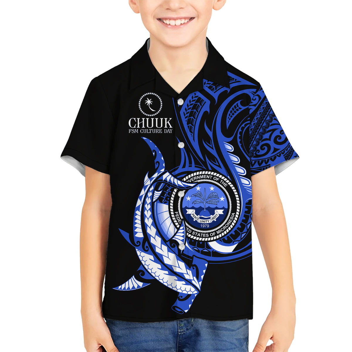Personalised Chuuk FSM Culture Day Family Matching Short Sleeve Bodycon Dress and Hawaiian Shirt Hammerhead Shark Tattoo 2024 LT9 Son's Shirt Blue - Polynesian Pride