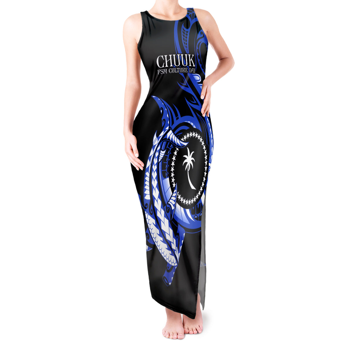 Personalised Chuuk FSM Culture Day Tank Maxi Dress Hammerhead Shark Tattoo 2024 LT9 Women Blue - Polynesian Pride