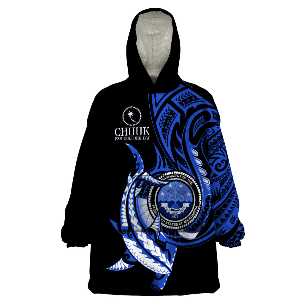 Personalised Chuuk FSM Culture Day Wearable Blanket Hoodie Hammerhead Shark Tattoo 2024 LT9 One Size Blue - Polynesian Pride