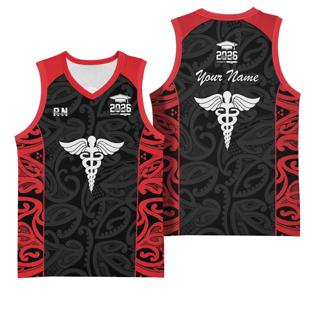 New Zealand Nurse RN 2026 Personalised Basketball Jersey Red Maori Pattern Cultural Pride LT9 - Polynesian Pride