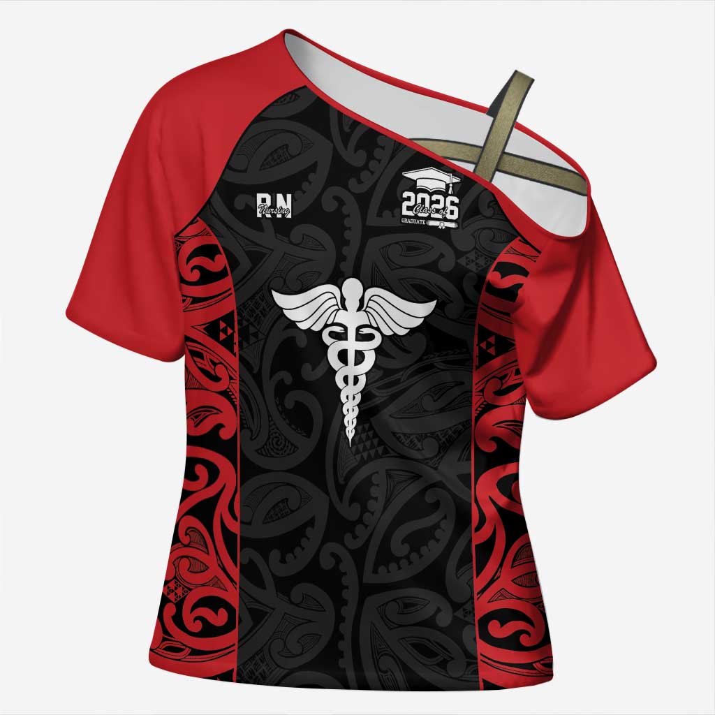 New Zealand Nurse RN 2026 Personalised Cross Shoulder Shirt Red Maori Pattern Cultural Pride LT9 Female Red - Polynesian Pride