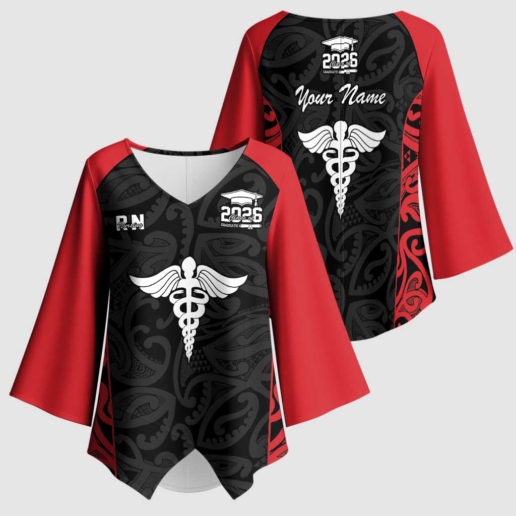 New Zealand Nurse RN 2026 Personalised Kimono Sleeve Blouse Red Maori Pattern Cultural Pride