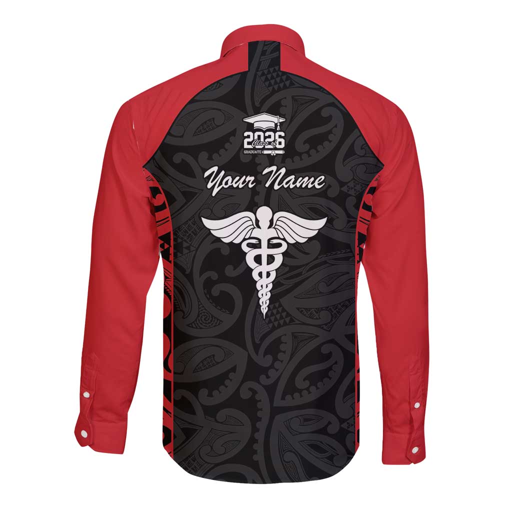 New Zealand Nurse RN 2026 Personalised Long Sleeve Button Shirt Red Maori Pattern Cultural Pride LT9 - Polynesian Pride
