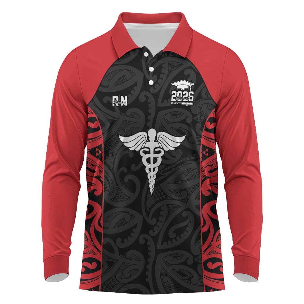 New Zealand Nurse RN 2026 Personalised Long Sleeve Polo Shirt Red Maori Pattern Cultural Pride