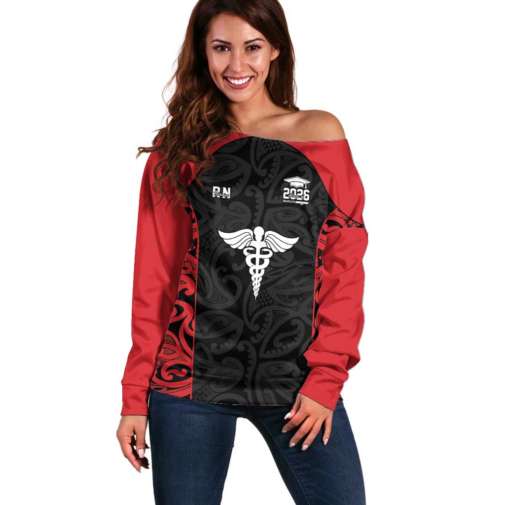New Zealand Nurse RN 2026 Personalised Off Shoulder Sweater Red Maori Pattern Cultural Pride