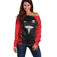 New Zealand Nurse RN 2026 Personalised Off Shoulder Sweater Red Maori Pattern Cultural Pride