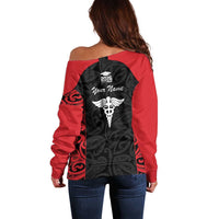 New Zealand Nurse RN 2026 Personalised Off Shoulder Sweater Red Maori Pattern Cultural Pride