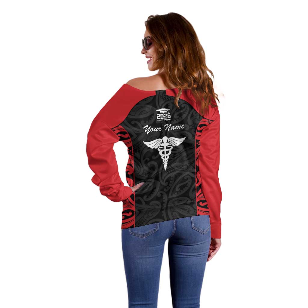 New Zealand Nurse RN 2026 Personalised Off Shoulder Sweater Red Maori Pattern Cultural Pride
