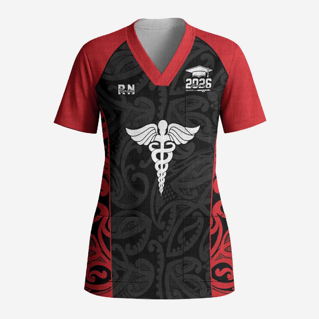 New Zealand Nurse RN 2026 Personalised Scrub Top Red Maori Pattern Cultural Pride LT9 Adult Red - Polynesian Pride