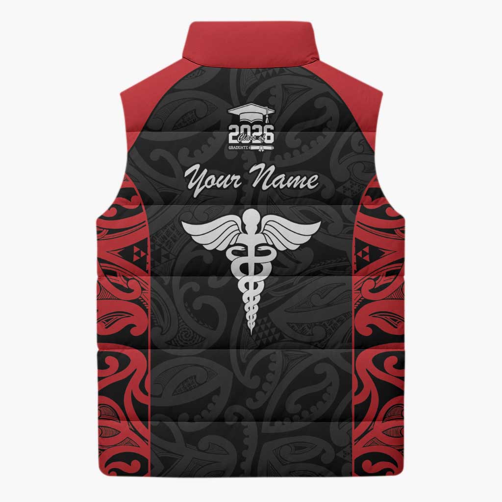 New Zealand Nurse RN 2026 Personalised Sleeveless Puffer Jacket Red Maori Pattern Cultural Pride LT9 - Polynesian Pride