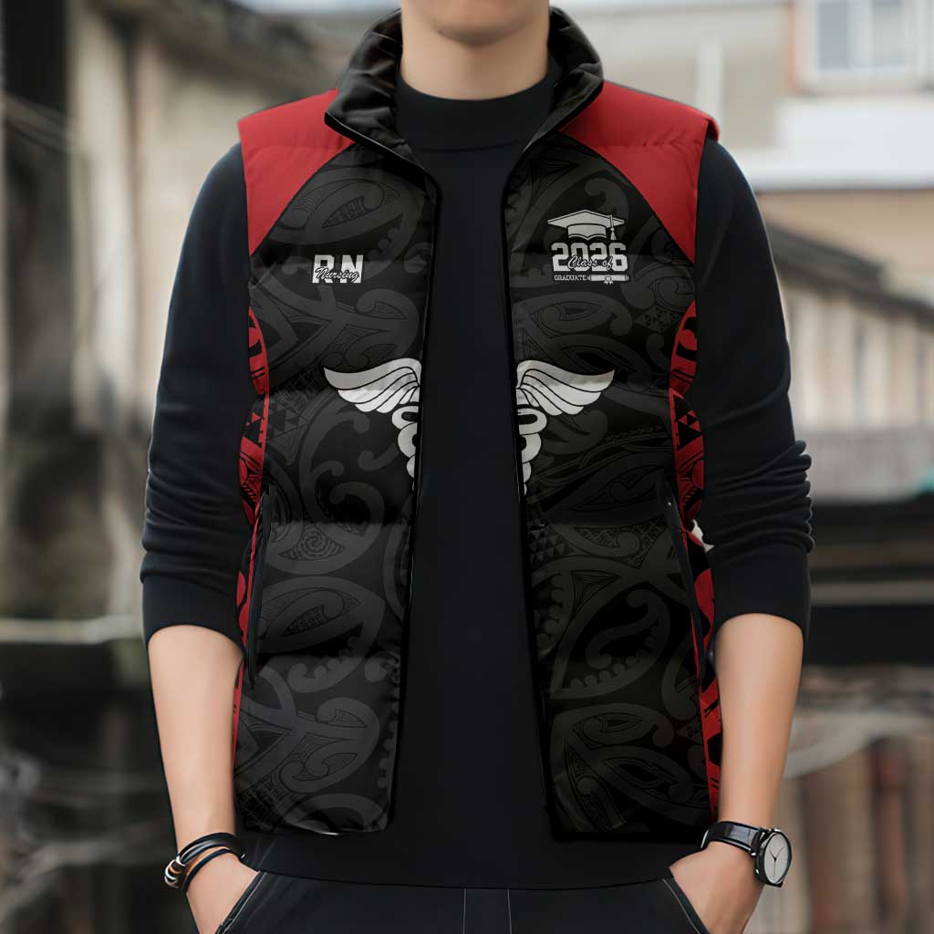 New Zealand Nurse RN 2026 Personalised Sleeveless Puffer Jacket Red Maori Pattern Cultural Pride LT9 - Polynesian Pride